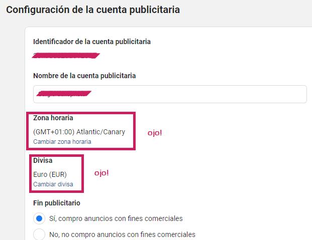 Configuración de la cuenta publicitaria - Elección de la zona horaria y la divisa