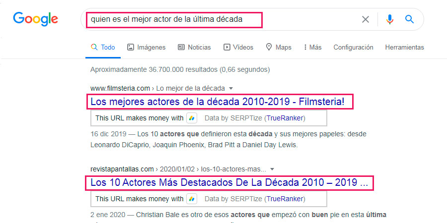 Así se ven los resultados de búsqueda de alguien con Intención de búsqueda con pregunta compleja