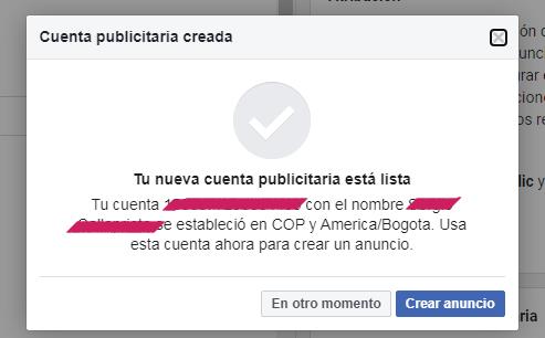 Tu cuenta publicitaria en Facebook está creada ahora