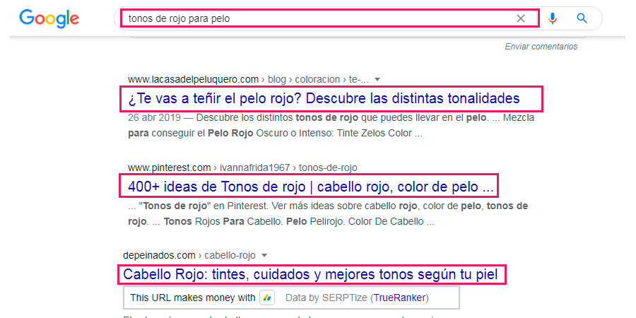 Así se ven los resultados de una búsqueda con palabra clave informacional