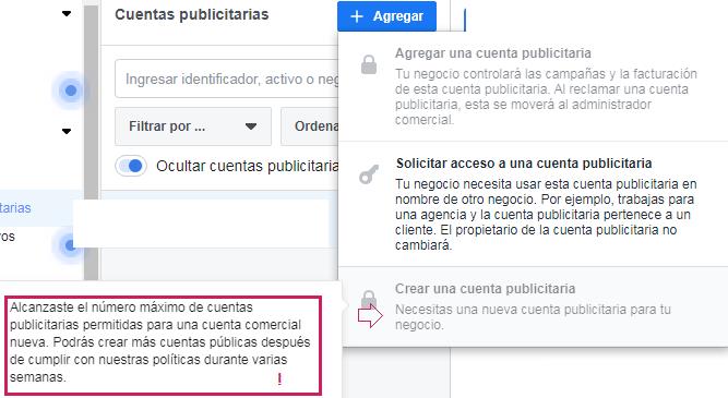 Haz clic en agregar para crear tu cuenta publicitaria o para solicitar acceso a una ya creada
