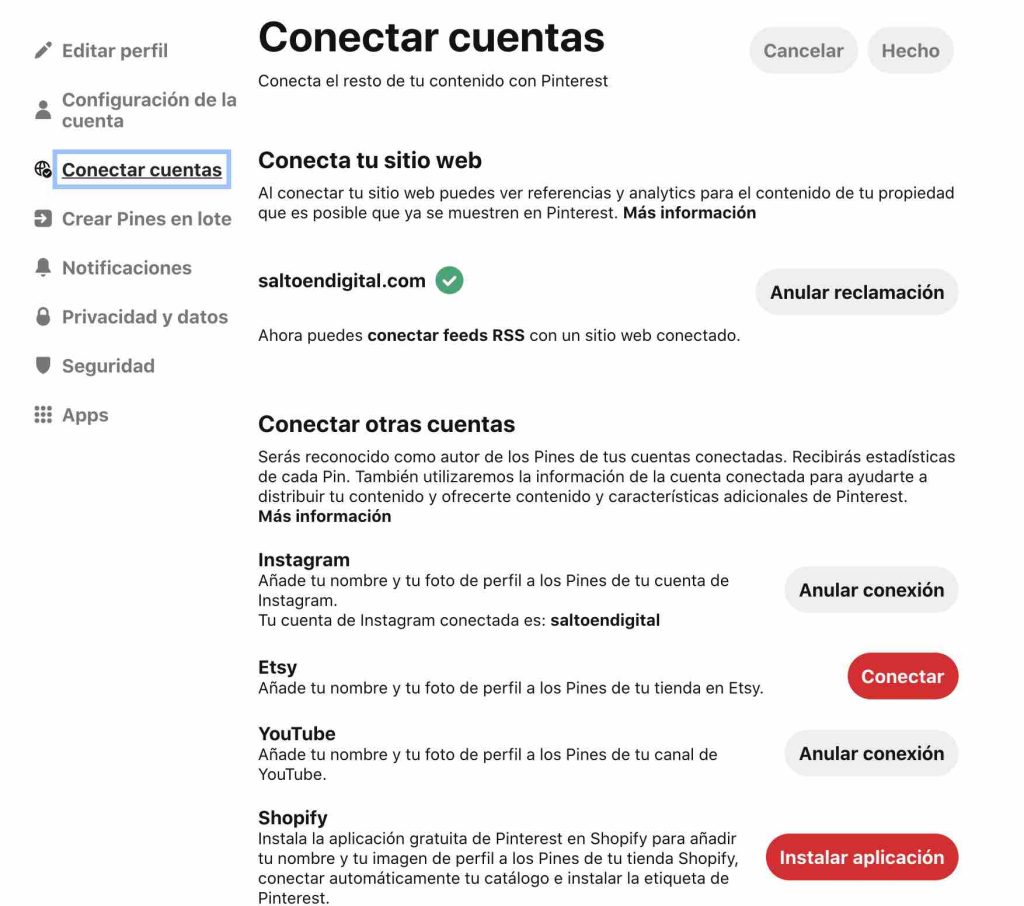 conectar cuentas con Pinterest
