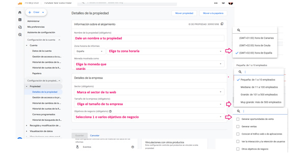 configuracion propiedad GA4 detalles propiedad