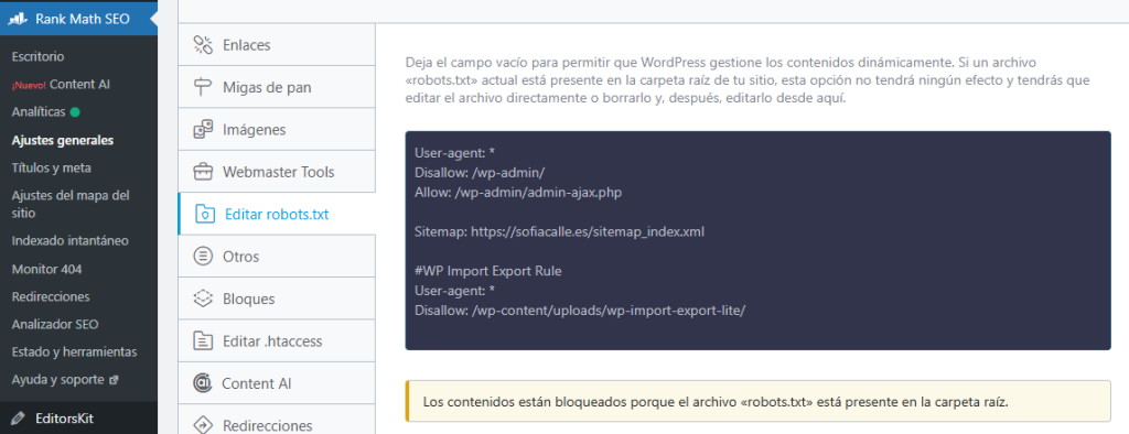 cambiar robots.txt con rank math