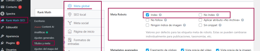 Editar el estado de indexación a nivel general en Rank Math - parte 1