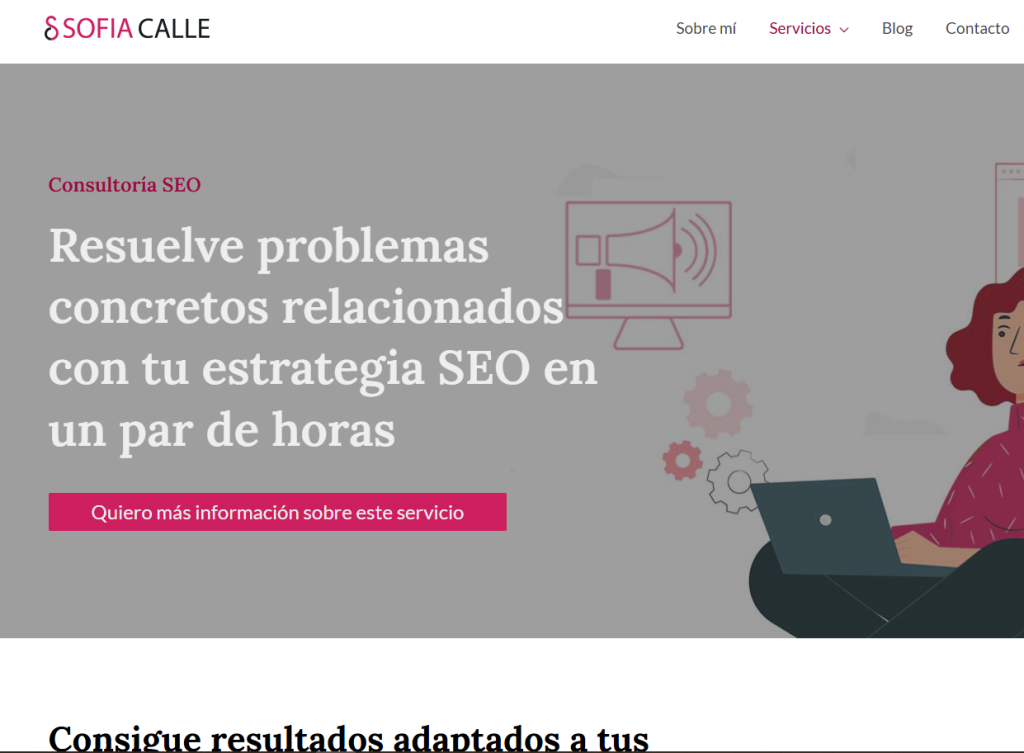 above the fold de la página del servicio de consultoría SEO de Sofía Calle