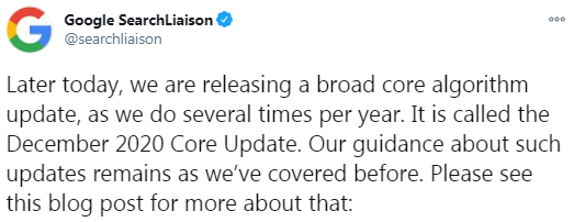 tweet de serarch liason avisando del core update diciembre 2020